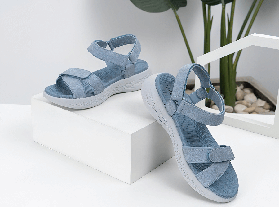 Light blue Soft Sole Wedge Open Sandals for Women with a breathable mesh design, ideal for sports and casual wear.